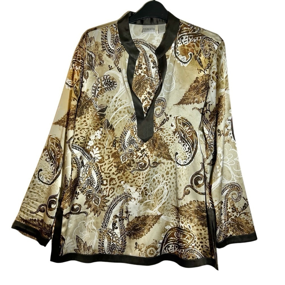 Chicos Size 2 US L Silk Stretch Brown Paisley Long Sleeve Tunic Split V-Neck